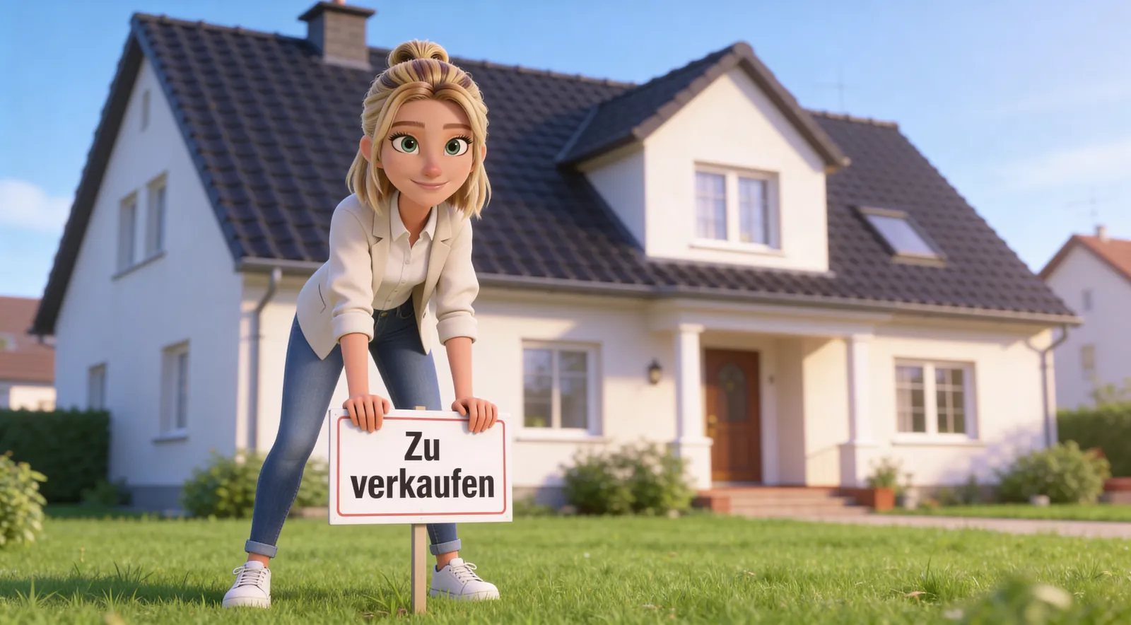 Eigentümerin stellt ein 'Zu verkaufen'-Schild vor ihrem Haus auf