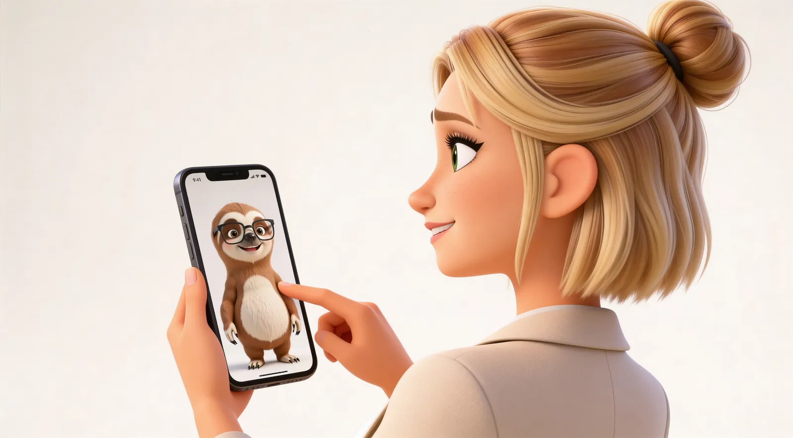 Hand hält Smartphone, auf dem Sloothy winkt