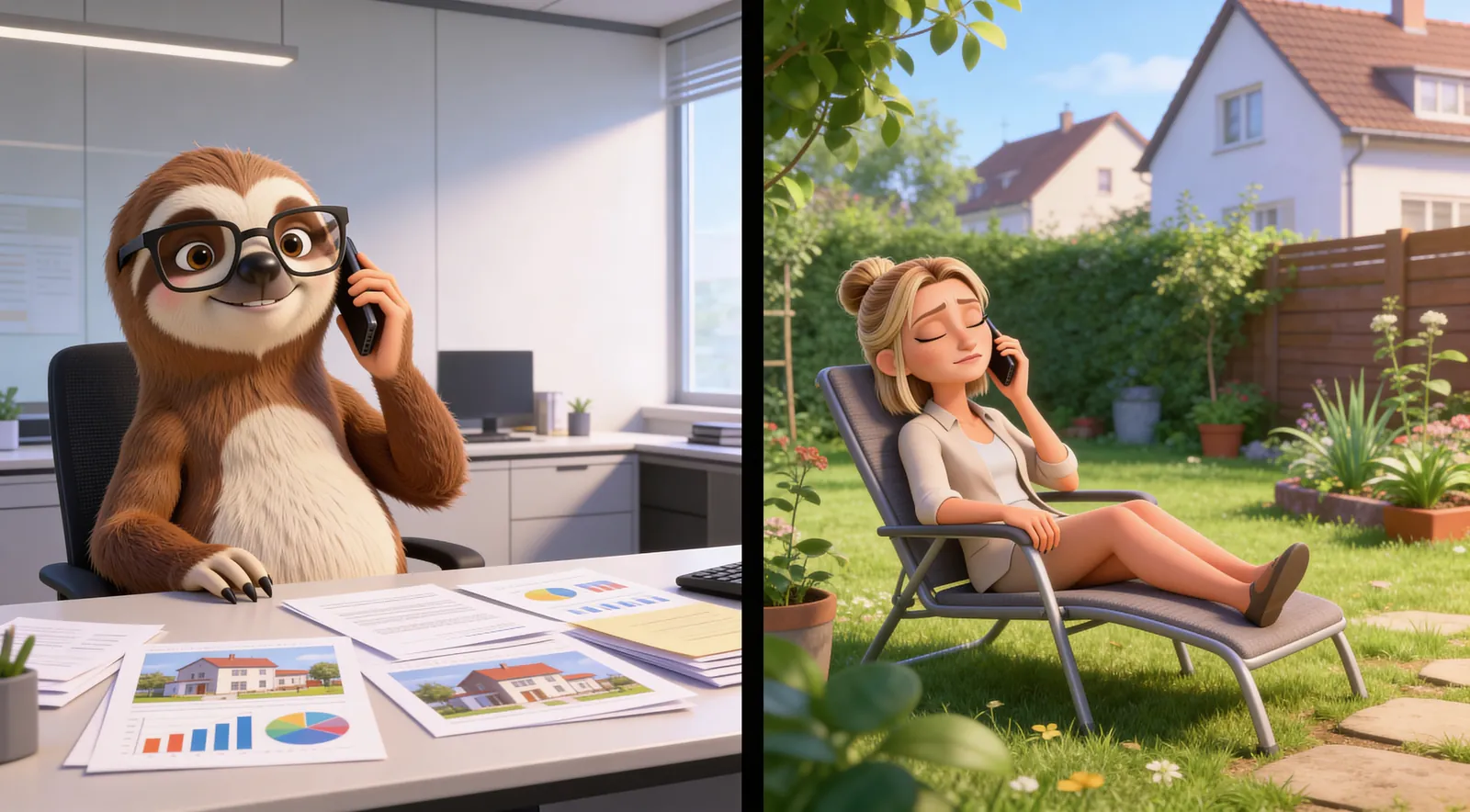 Links: Sloothy bearbeitet Anfragen. Rechts: Eigentümerin entspannt im Garten.