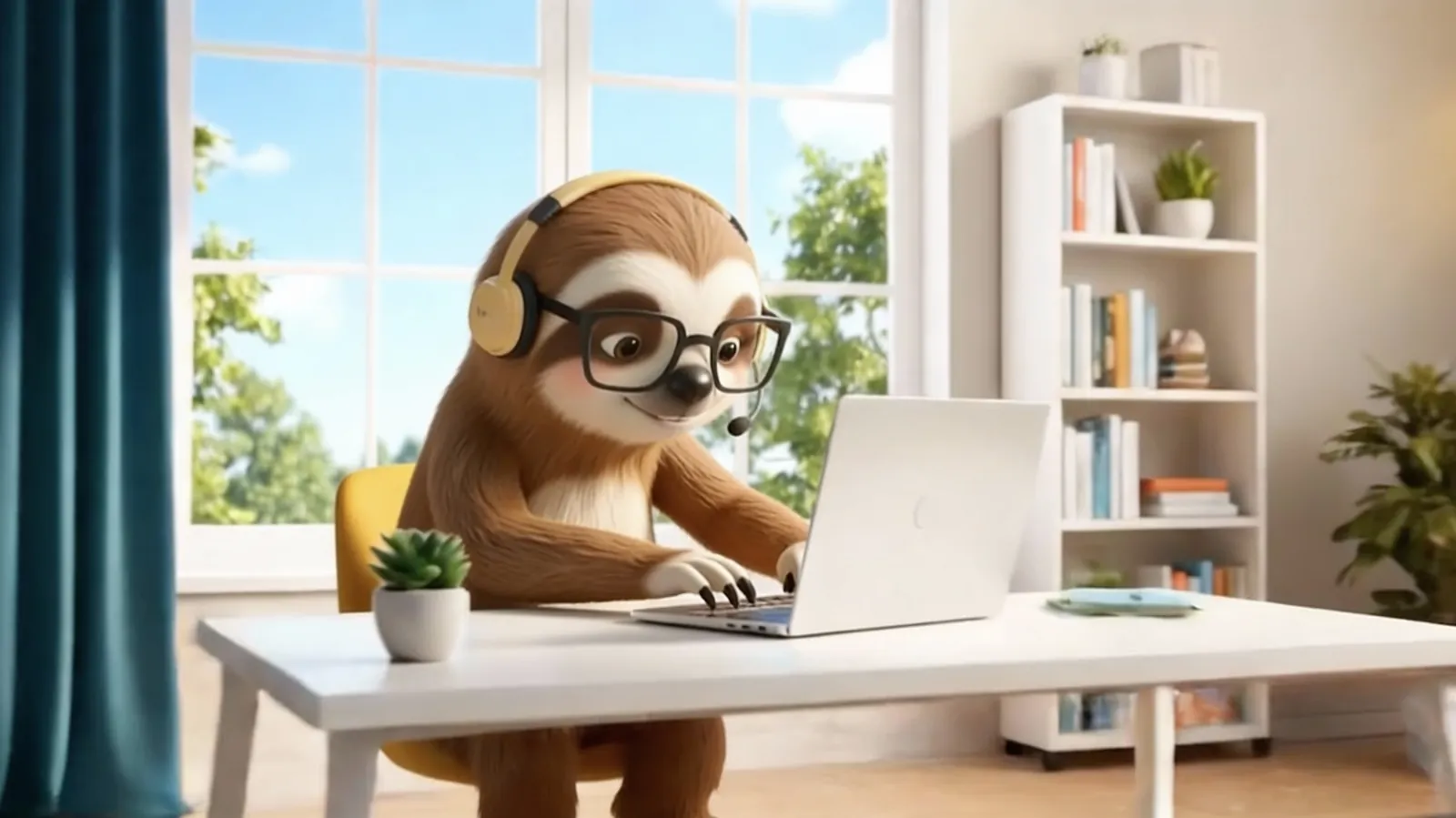 Sloothy mit Headset beantwortet Anfragen am Laptop